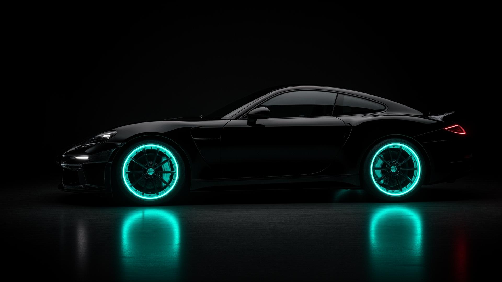 Premium black sports car with aqua neon wheel glow, Wrapped by Jordy Waldorf MD